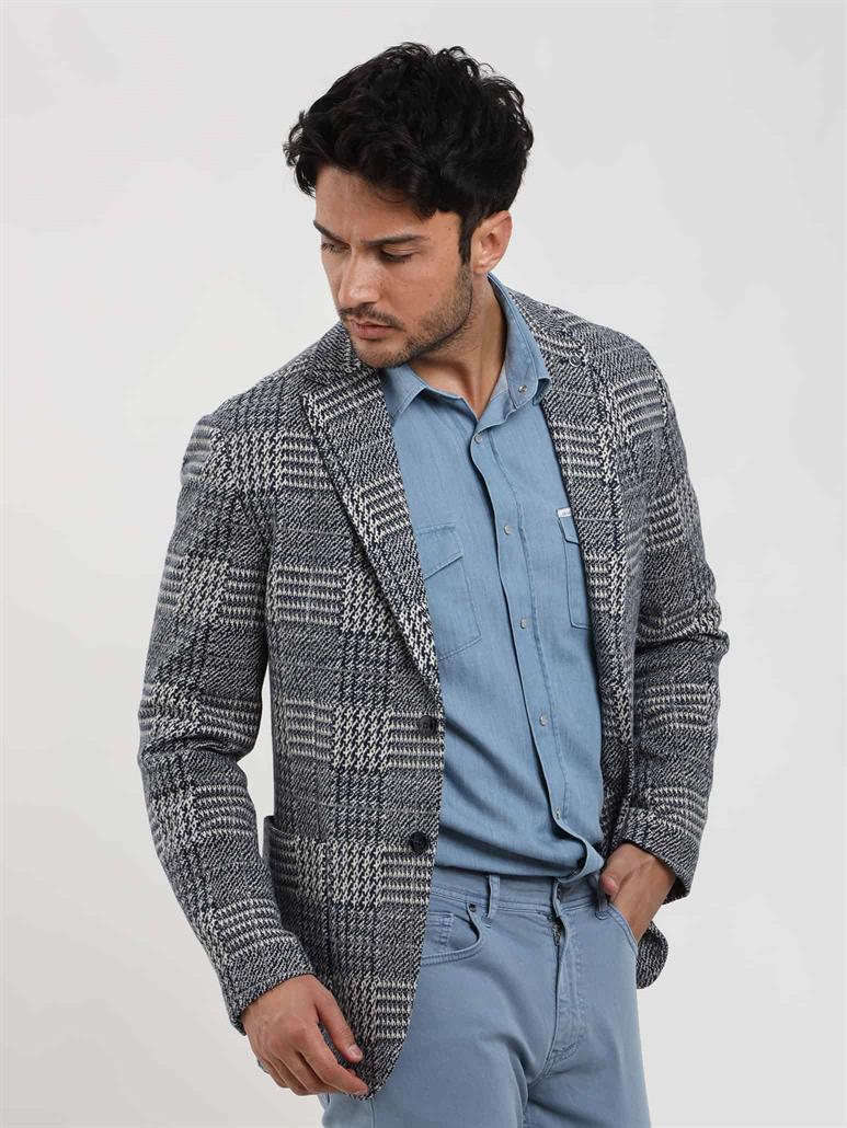 Lacivert Erkek Slim Fit Jakarlı Casual Mono Yaka Ceket 