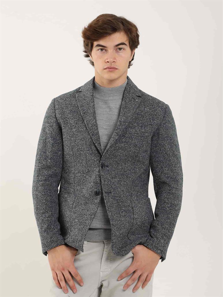 Lacivert Erkek Slim Fit Melanj Desenli Casual Mono Yaka Ceket 