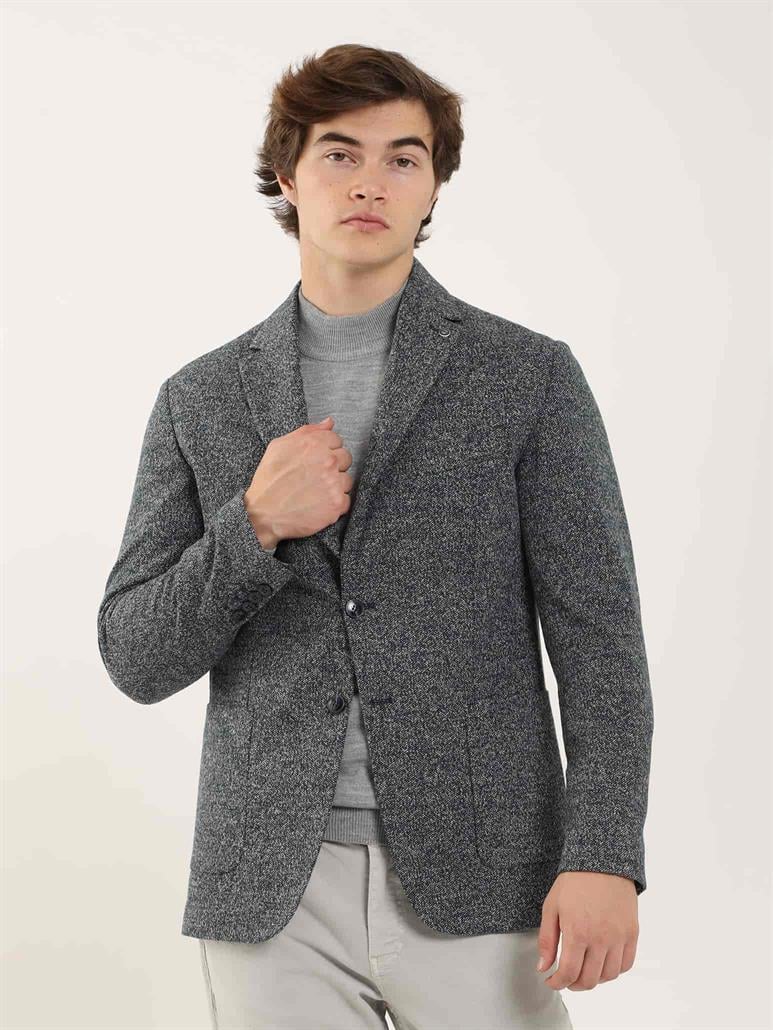 Lacivert Erkek Slim Fit Melanj Desenli Casual Mono Yaka Ceket 