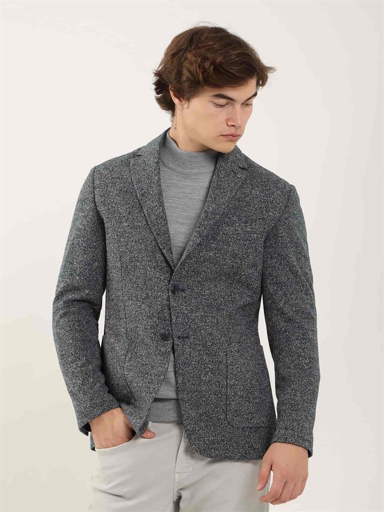 Lacivert Erkek Slim Fit Melanj Desenli Casual Mono Yaka Ceket 