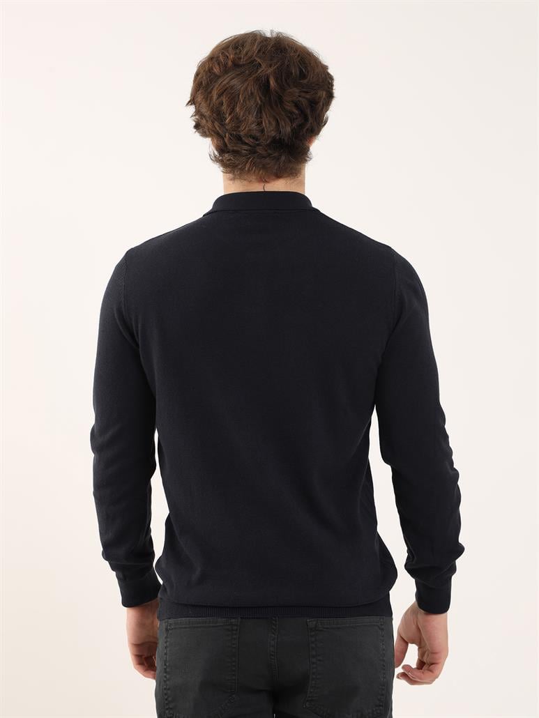 Lacivert Erkek Slim Fit Düz Klasik Polo Yaka Triko 