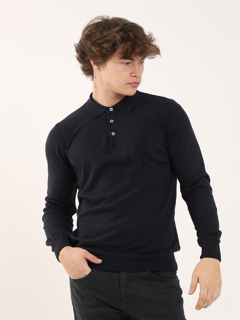 Lacivert Erkek Slim Fit Düz Klasik Polo Yaka Triko 