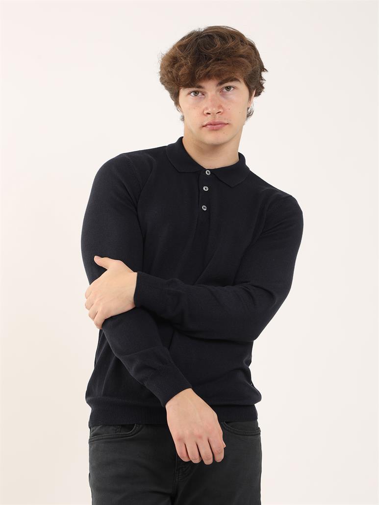 Lacivert Erkek Slim Fit Düz Klasik Polo Yaka Triko 