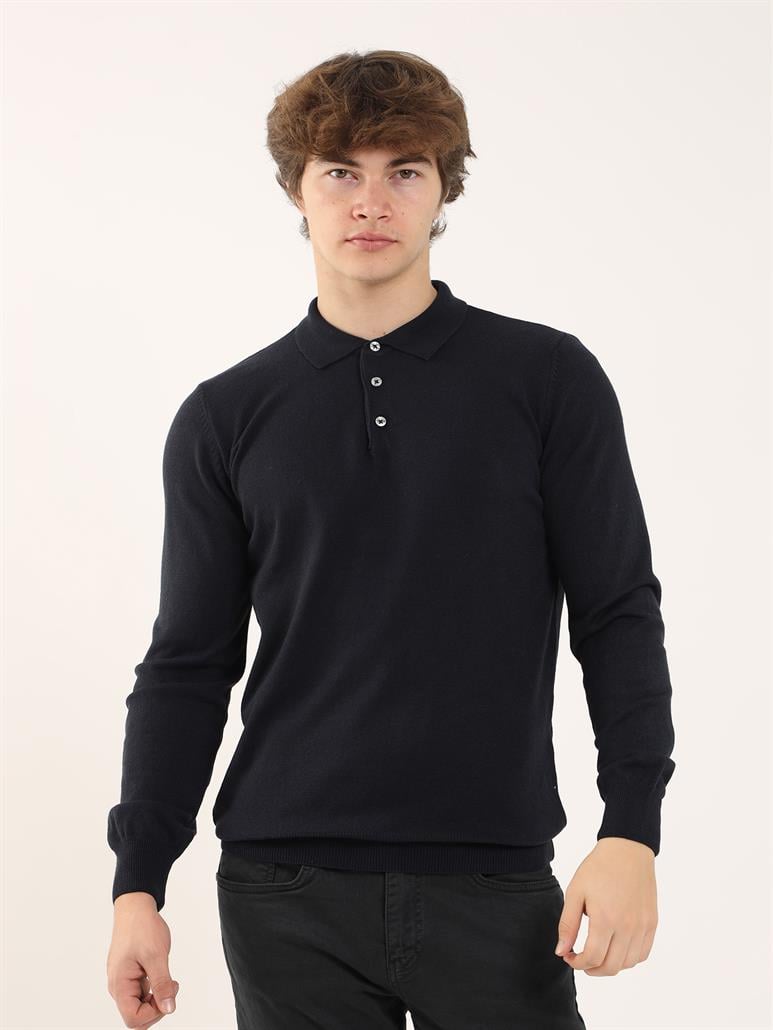 Lacivert Erkek Slim Fit Düz Klasik Polo Yaka Triko 