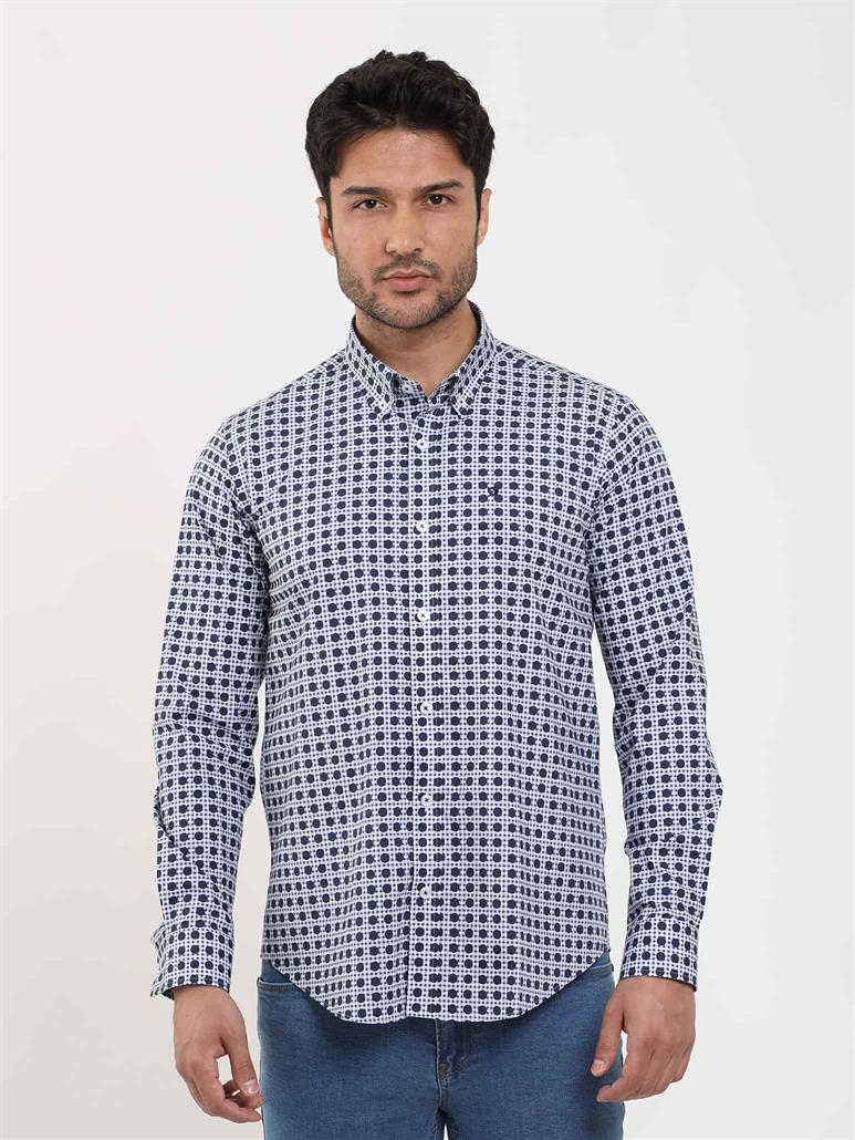 Lacivert Erkek Slim Fit Puantiyeli Brent Düğmeli Yaka Uzun Kol Gömlek 