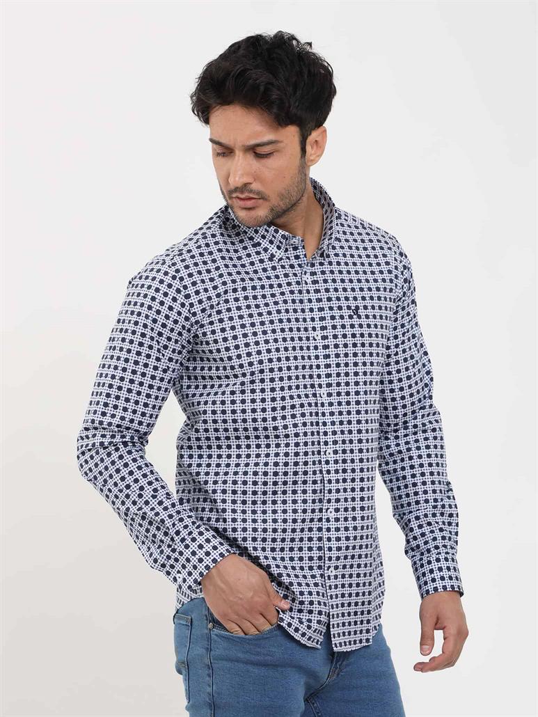 Lacivert Erkek Slim Fit Puantiyeli Brent Düğmeli Yaka Uzun Kol Gömlek 