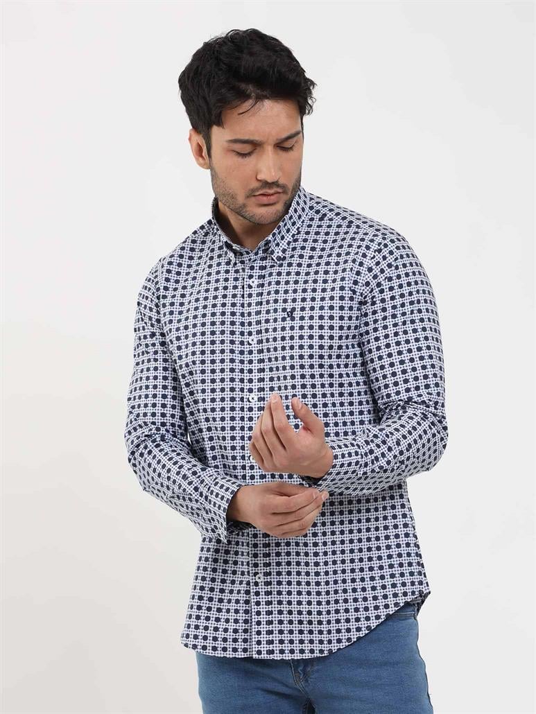 Lacivert Erkek Slim Fit Puantiyeli Brent Düğmeli Yaka Uzun Kol Gömlek 