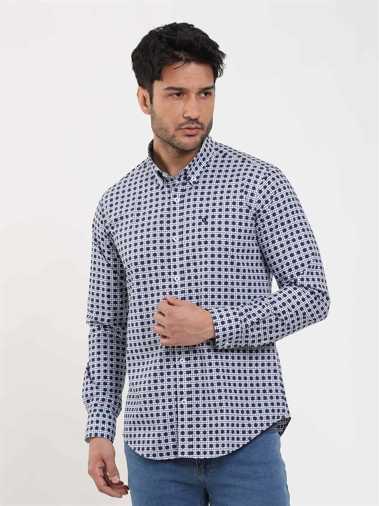 Lacivert Erkek Slim Fit Puantiyeli Brent Düğmeli Yaka Uzun Kol Gömlek 