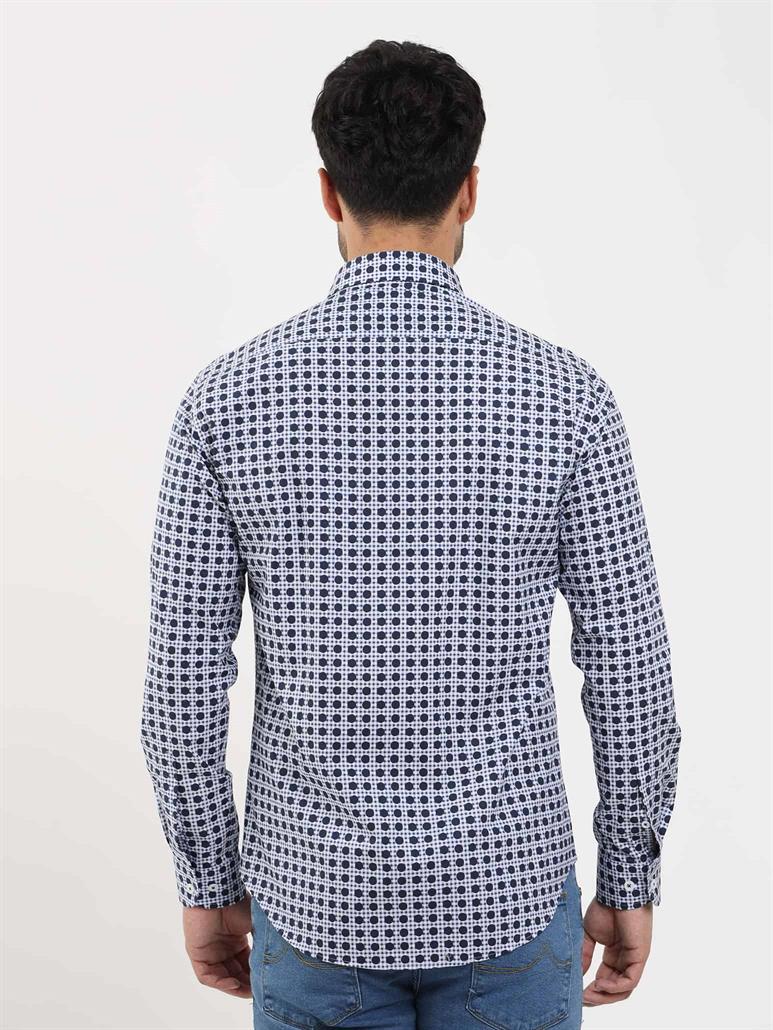 Lacivert Erkek Slim Fit Puantiyeli Brent Düğmeli Yaka Uzun Kol Gömlek 
