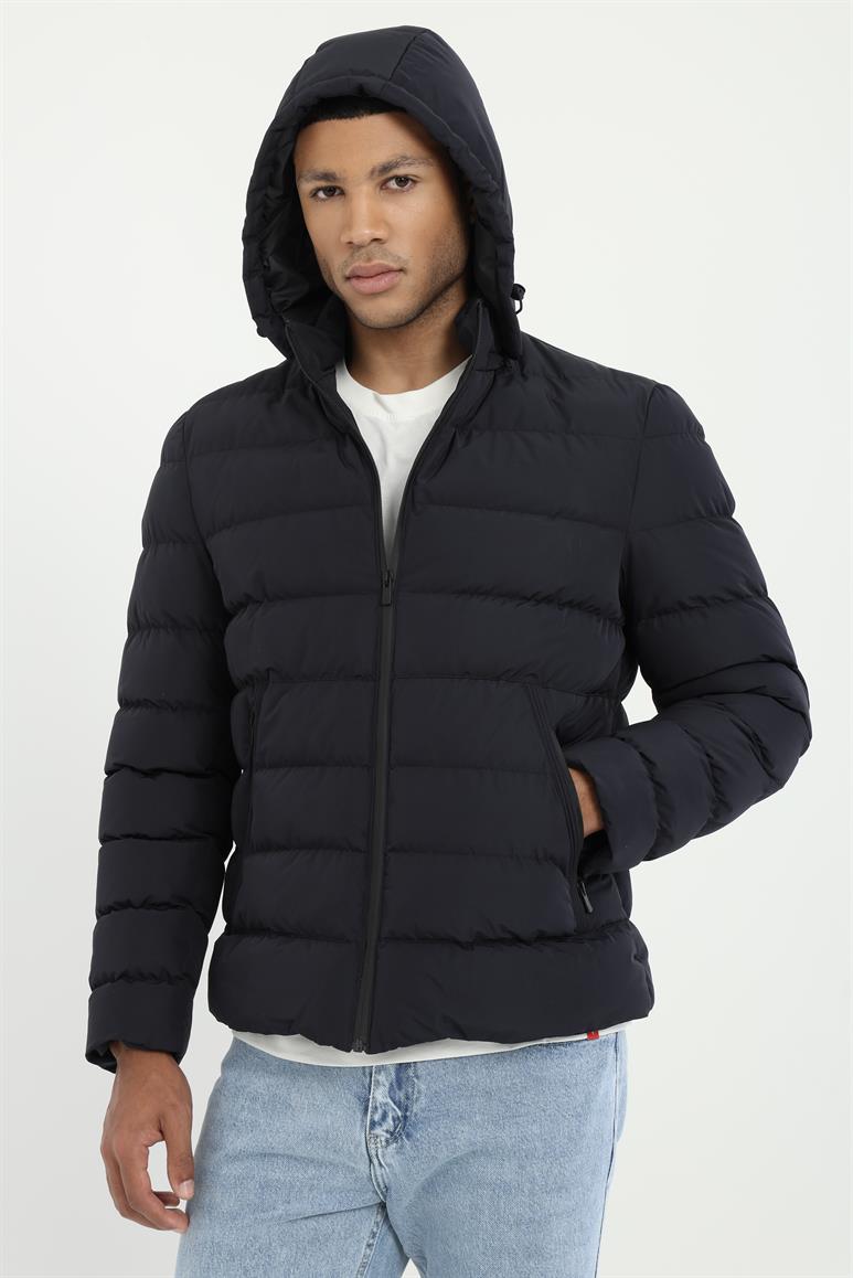 Lacivert Slim Fit Şişme Kapüşonlu Erkek Mont