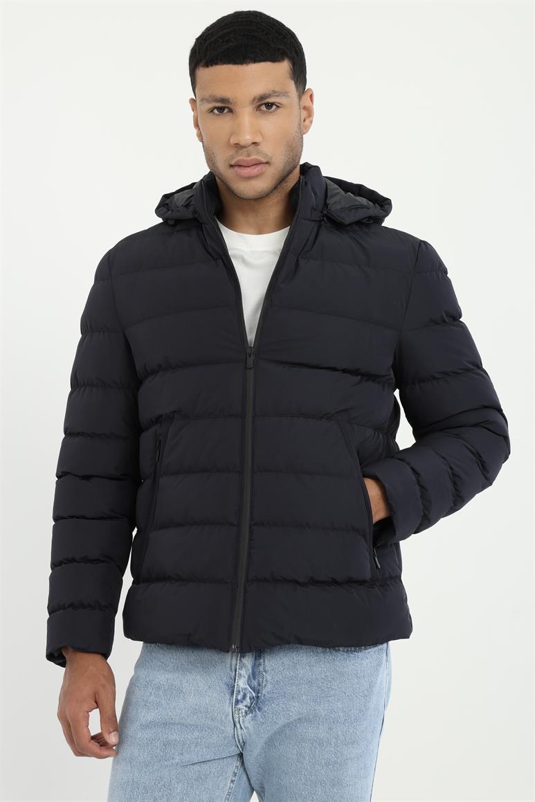 Lacivert Slim Fit Şişme Kapüşonlu Erkek Mont