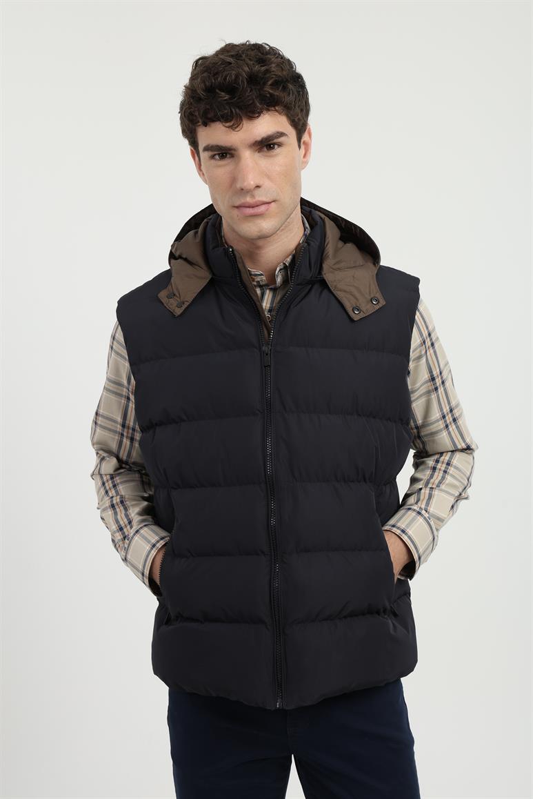 Dufy Lacivert Erkek Slim Fit Şişme Kapüşonlu Yelek Mont 