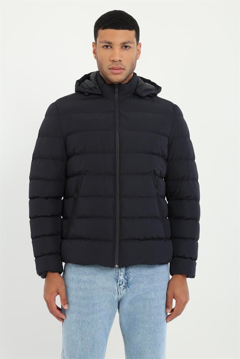 Lacivert Slim Fit Şişme Kapüşonlu Erkek Mont