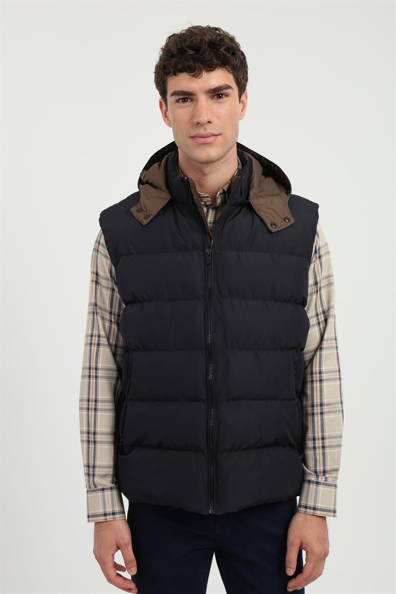 Dufy Lacivert Erkek Slim Fit Şişme Kapüşonlu Yelek Mont 