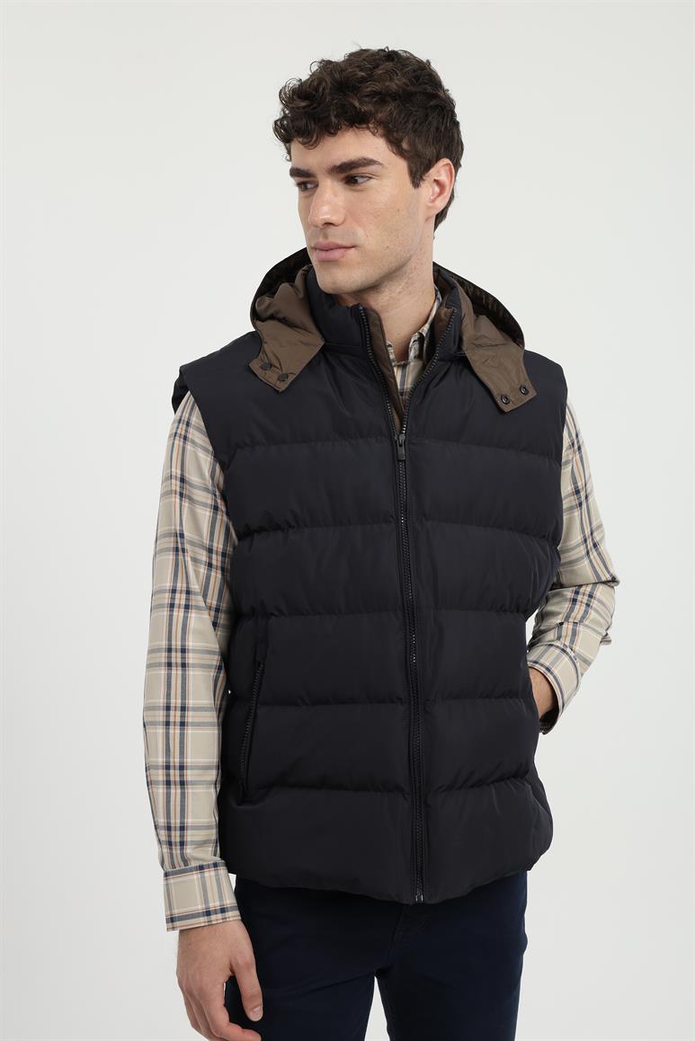 Dufy Lacivert Erkek Slim Fit Şişme Kapüşonlu Yelek Mont 