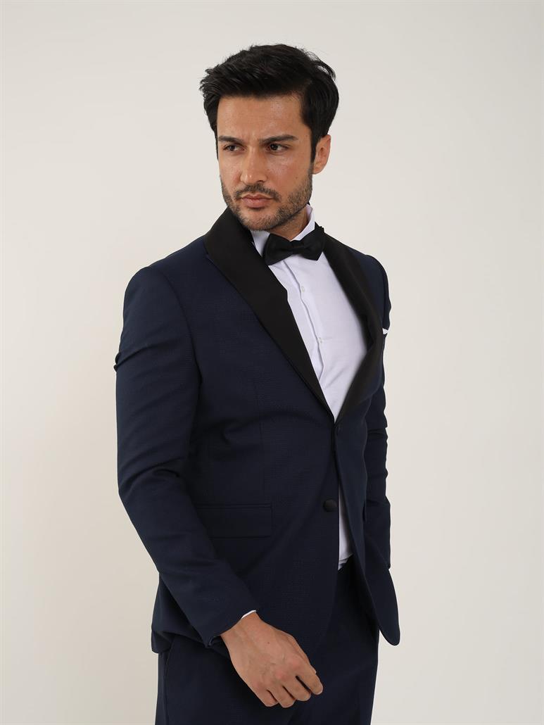 Lacivert Erkek Slim Fit Düz Sivri Yaka Smokin Takım 
