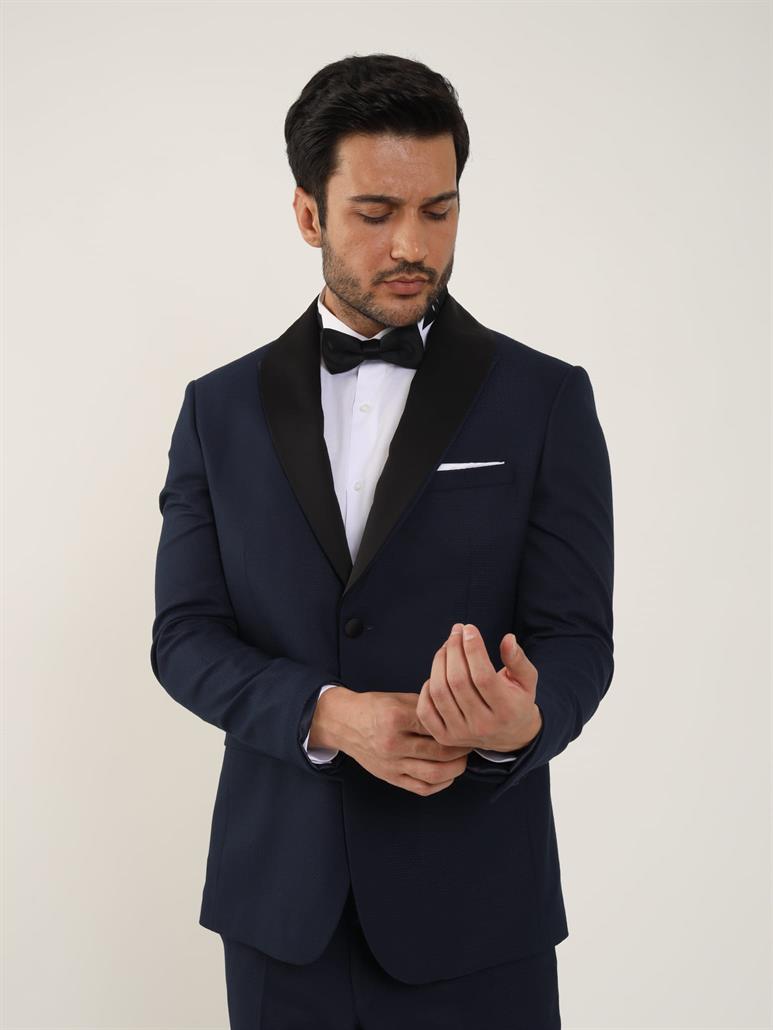 Lacivert Erkek Slim Fit Düz Sivri Yaka Smokin Takım 