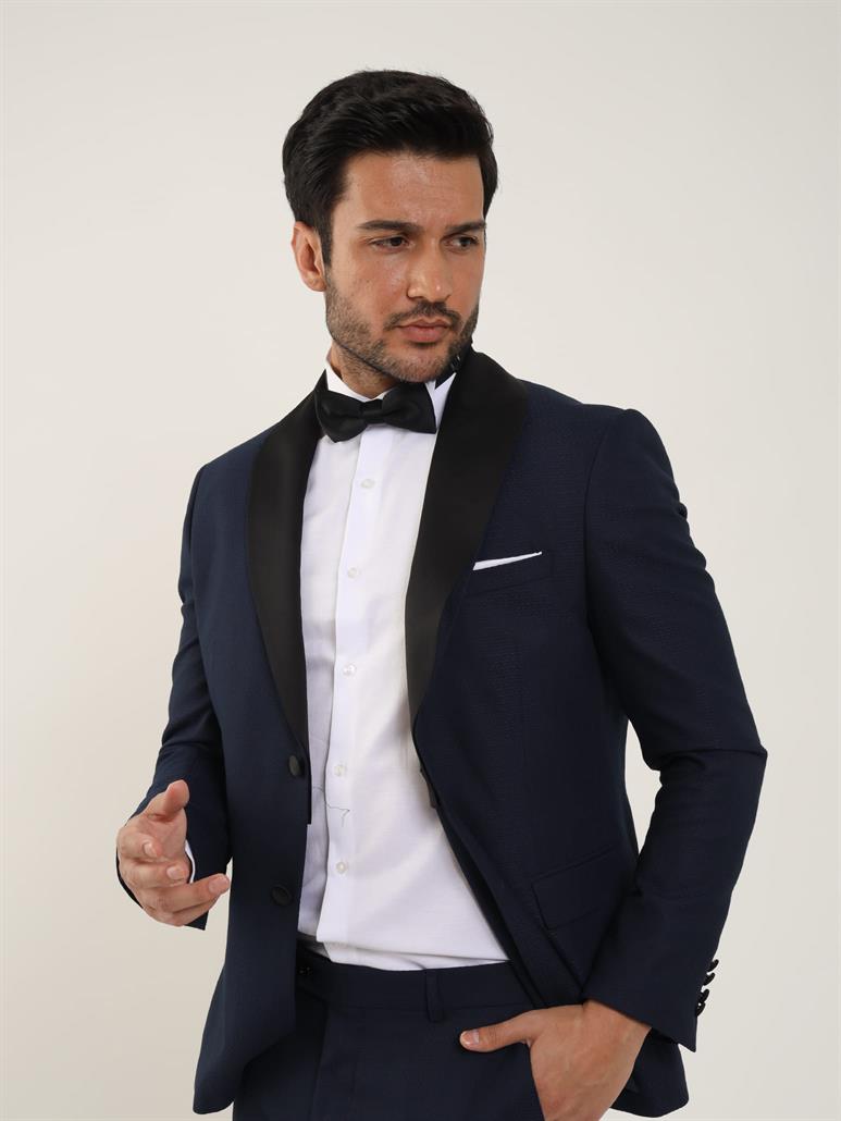 Lacivert Erkek Slim Fit Düz Sivri Yaka Smokin Takım 