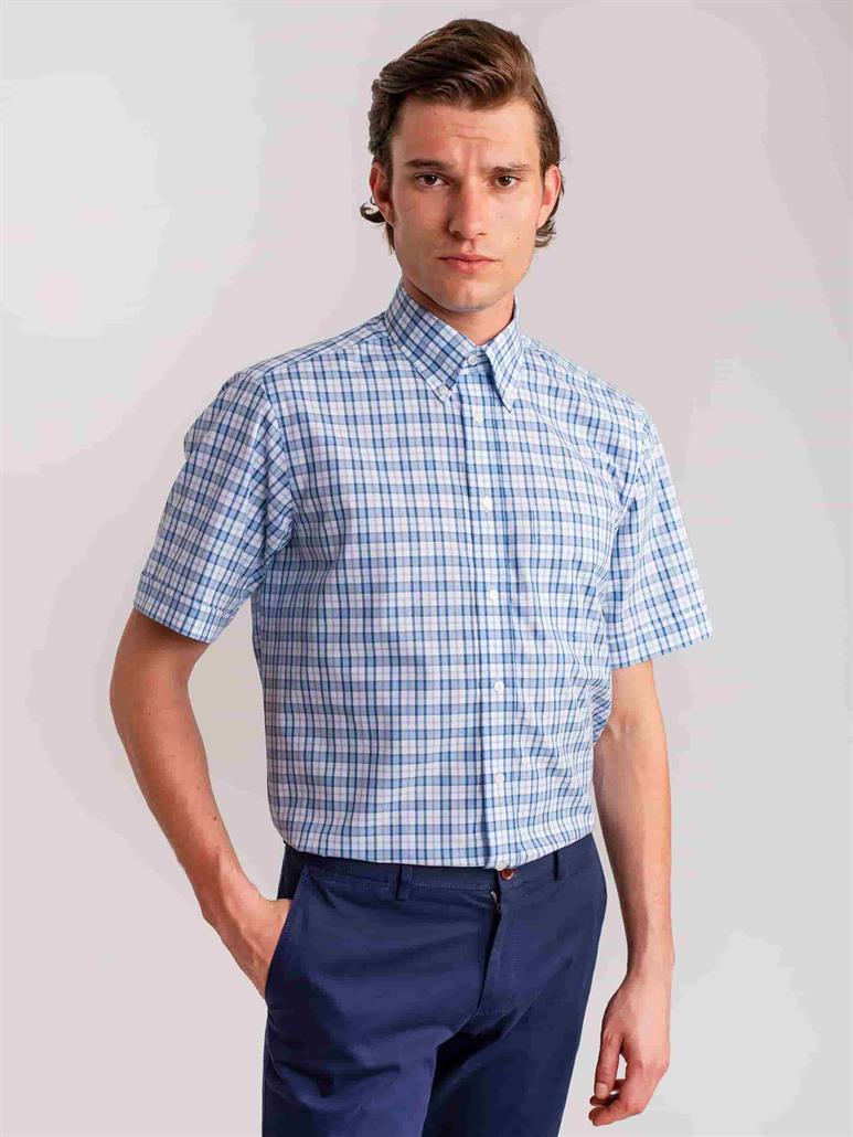 Mavi Erkek Regular Fit Kareli Elton Düğmeli Yaka Kısa Kol Gömlek - 60608