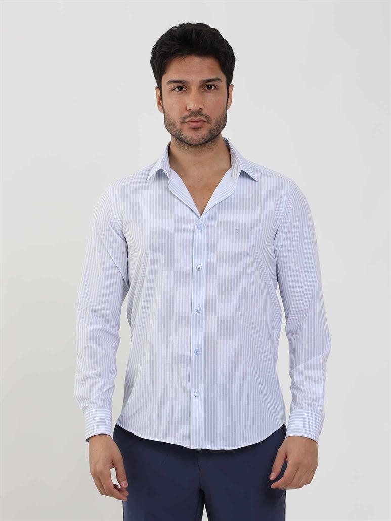 Mavi Erkek Slim Fit Çizgili Düğmeli Yaka Uzun Kol Gömlek 