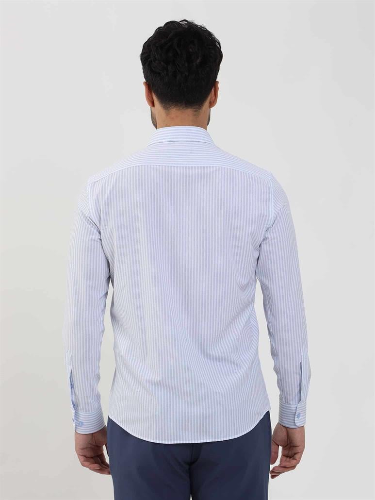 Mavi Erkek Slim Fit Çizgili Düğmeli Yaka Uzun Kol Gömlek 