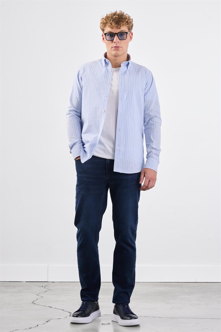 Mavi Erkek Slim Fit Çizgili Düğmeli Yaka Uzun Kol Gömlek 