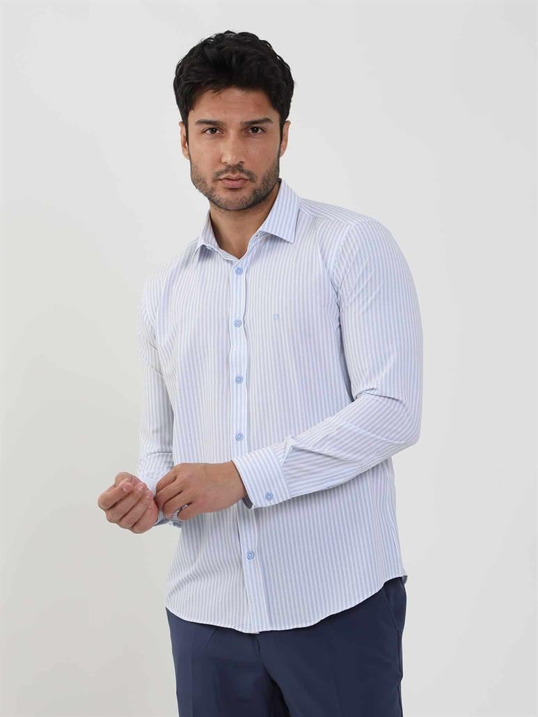Mavi Erkek Slim Fit Çizgili Düğmeli Yaka Uzun Kol Gömlek 