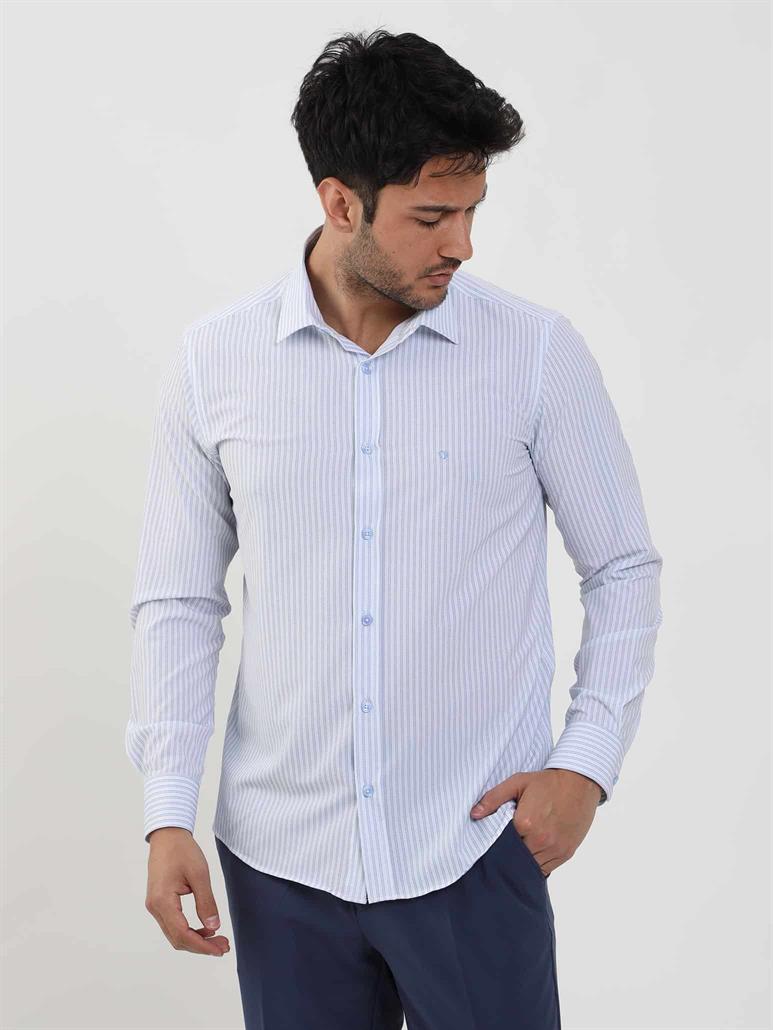 Mavi Erkek Slim Fit Çizgili Düğmeli Yaka Uzun Kol Gömlek 