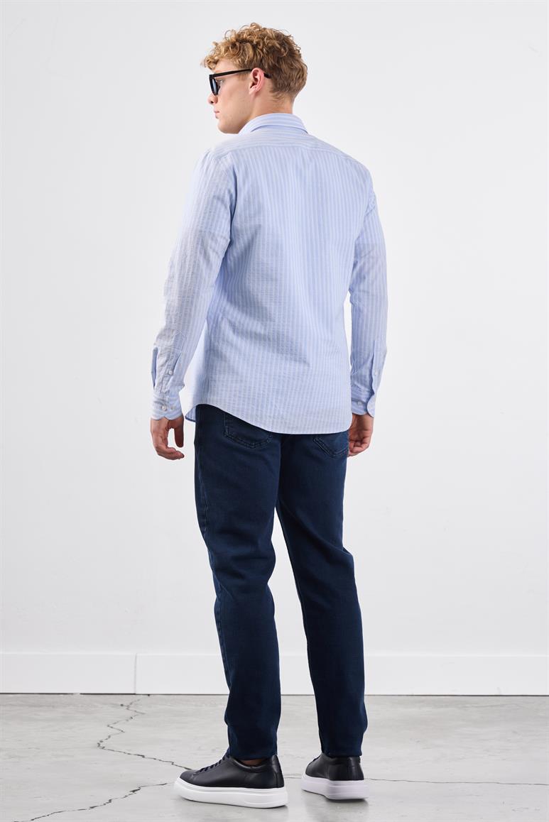 Mavi Erkek Slim Fit Çizgili Düğmeli Yaka Uzun Kol Gömlek 