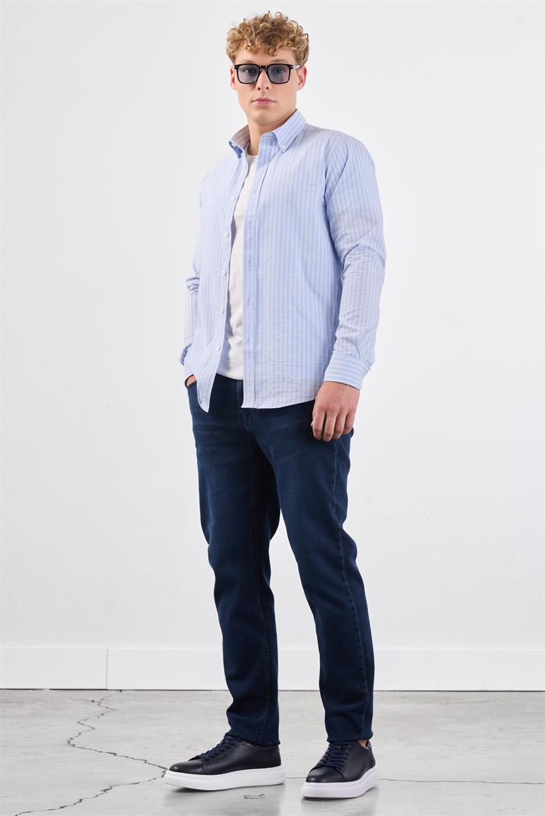 Mavi Erkek Slim Fit Çizgili Düğmeli Yaka Uzun Kol Gömlek 