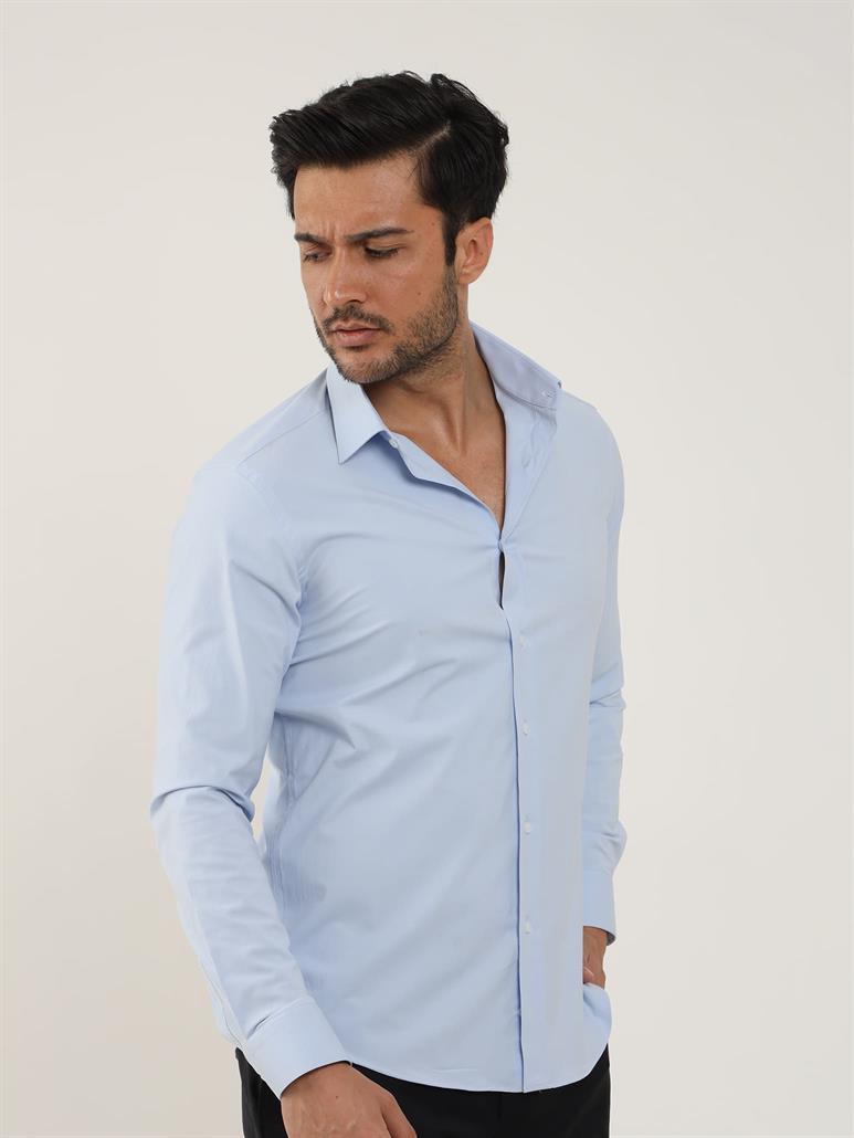 Mavi Erkek Slim Fit Düz Klasik Yaka Uzun Kol Gömlek 