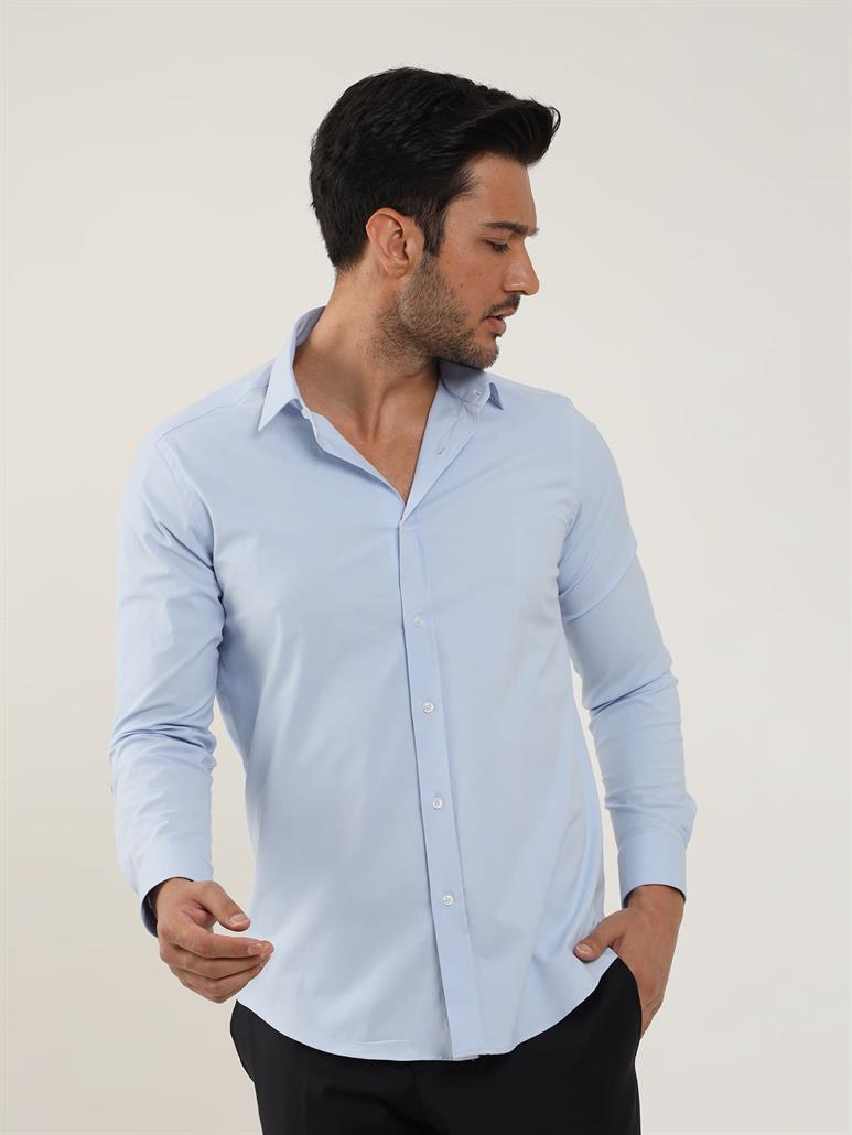 Mavi Erkek Slim Fit Düz Klasik Yaka Uzun Kol Gömlek 