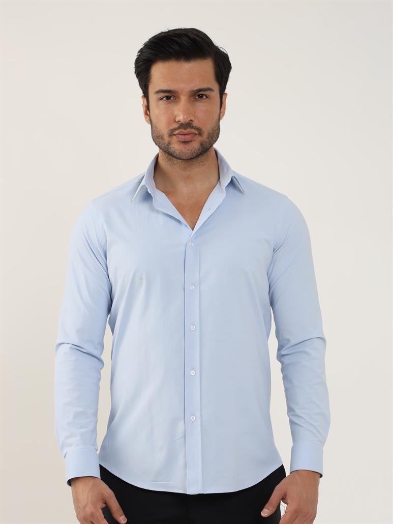 Mavi Erkek Slim Fit Düz Klasik Yaka Uzun Kol Gömlek 