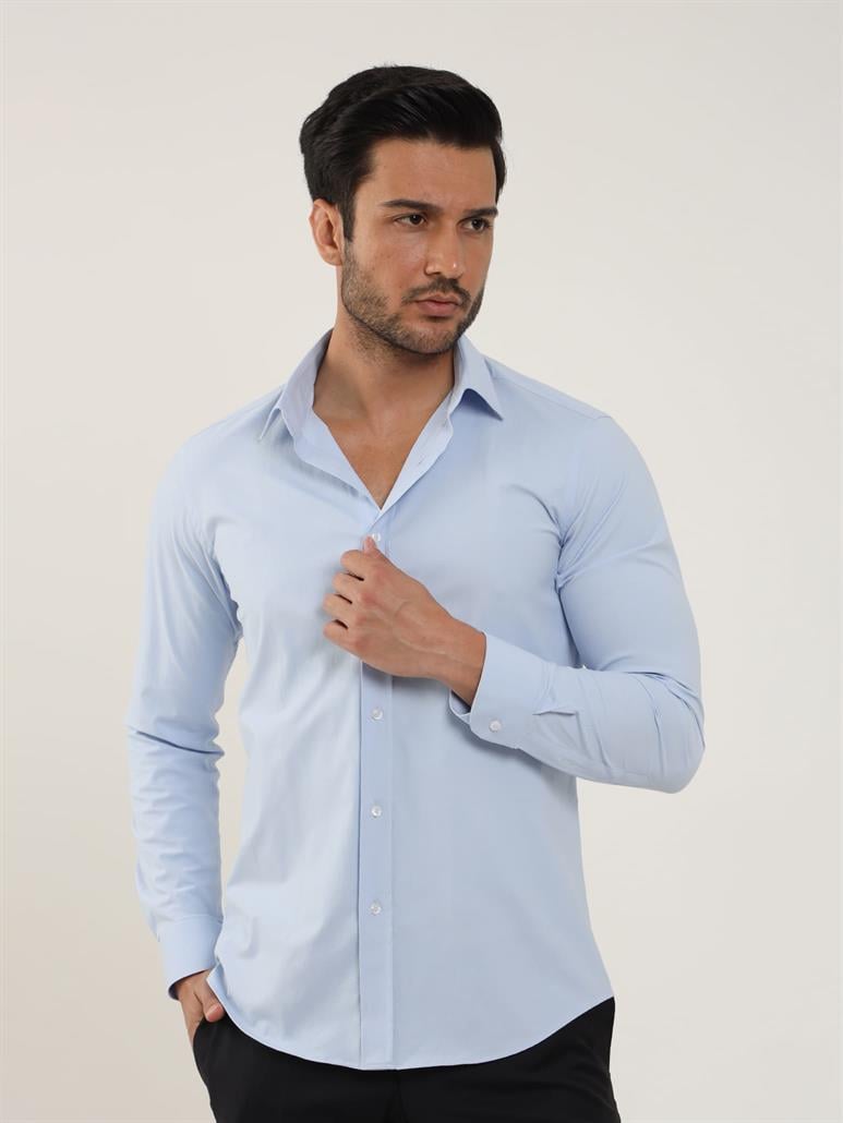 Mavi Erkek Slim Fit Düz Klasik Yaka Uzun Kol Gömlek 