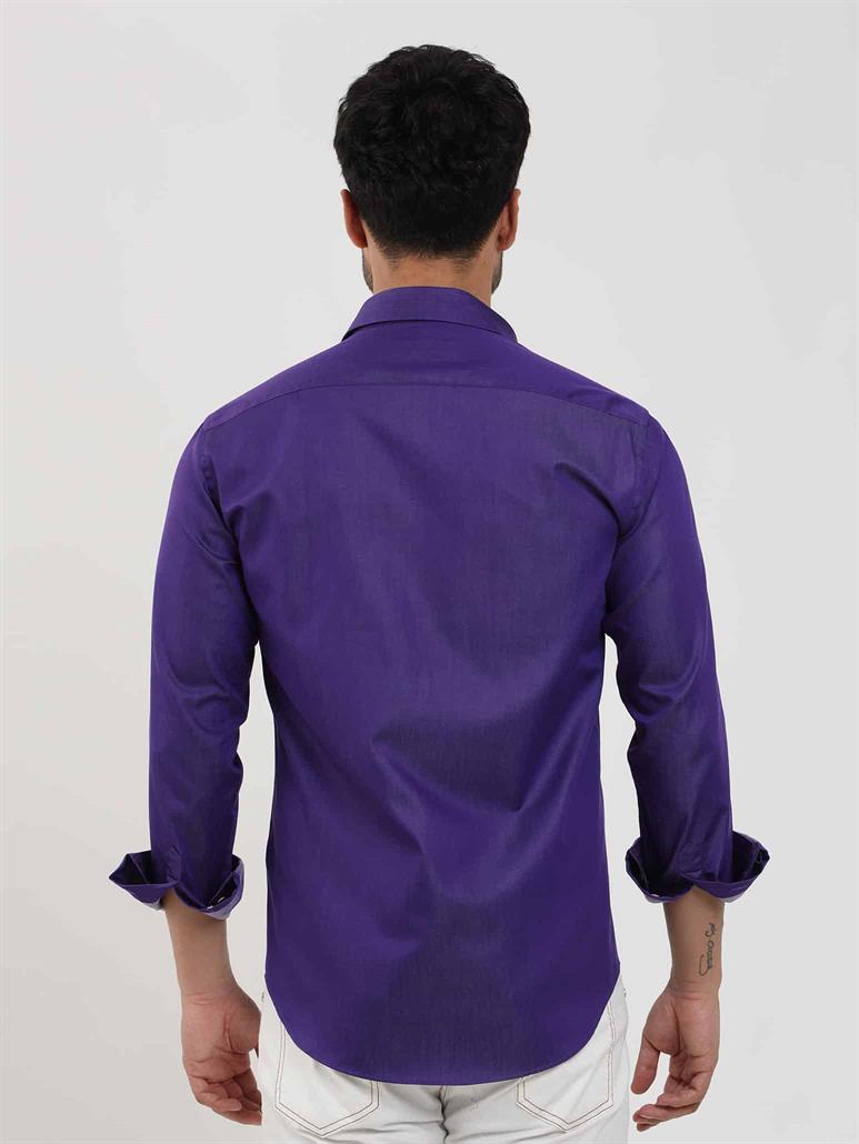 Mor Erkek Slim Fit Düz Düğmeli Yaka Uzun Kol Gömlek - 102519