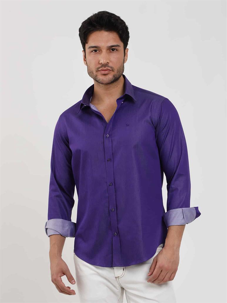 Mor Erkek Slim Fit Düz Düğmeli Yaka Uzun Kol Gömlek - 102519