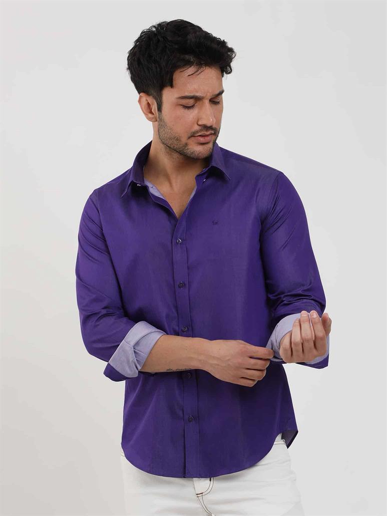 Mor Erkek Slim Fit Düz Düğmeli Yaka Uzun Kol Gömlek - 102519