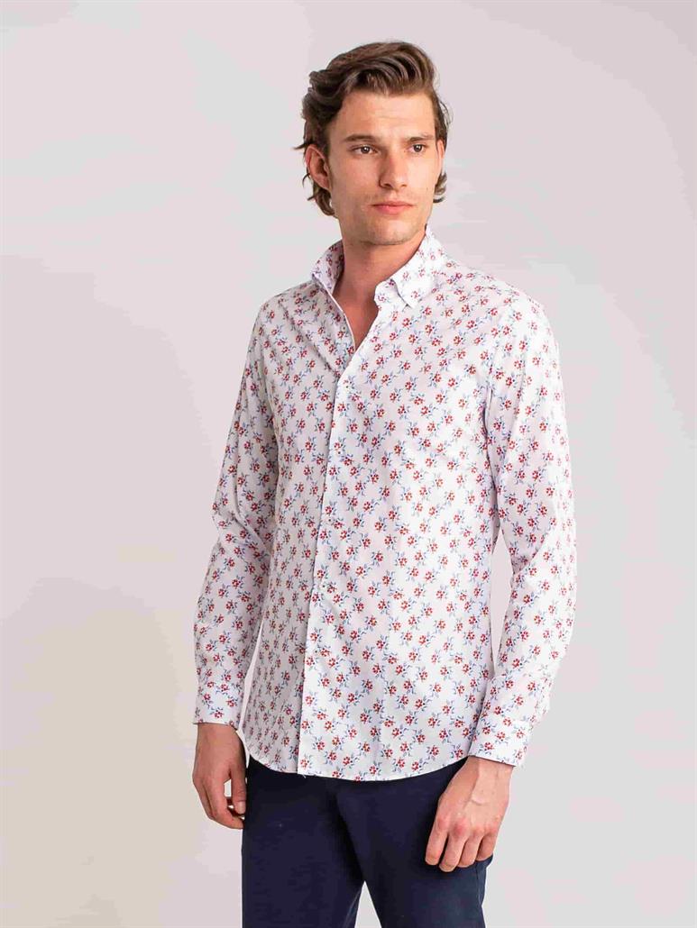Nar Çiçeği Erkek Slim Fit Desenli Brent Düğmeli Yaka Uzun Kol Gömlek - 58342