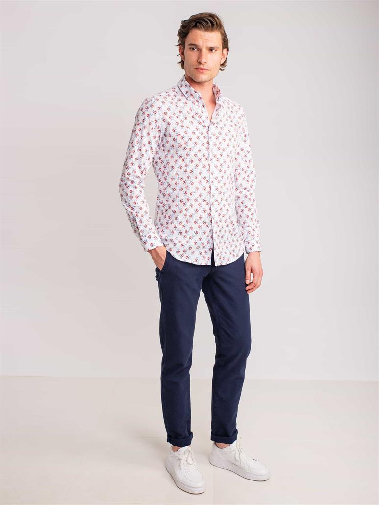 Nar Çiçeği Erkek Slim Fit Desenli Brent Düğmeli Yaka Uzun Kol Gömlek - 58342