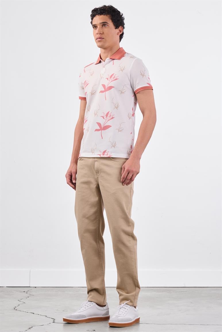 Pudra Erkek Slim Fit Çiçek Desenli Casual Polo Yaka T-shirt 