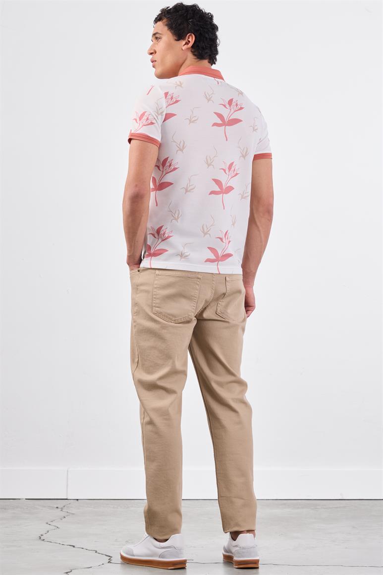 Pudra Erkek Slim Fit Çiçek Desenli Casual Polo Yaka T-shirt 