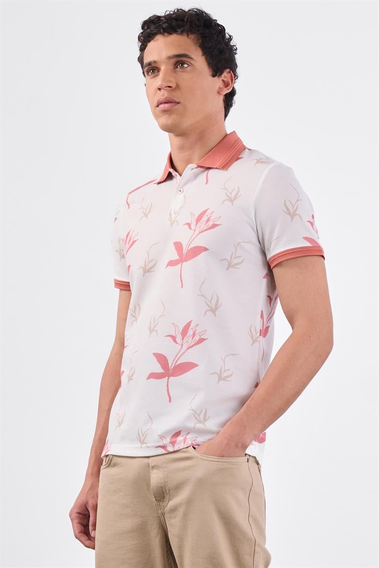 Pudra Erkek Slim Fit Çiçek Desenli Casual Polo Yaka T-shirt 