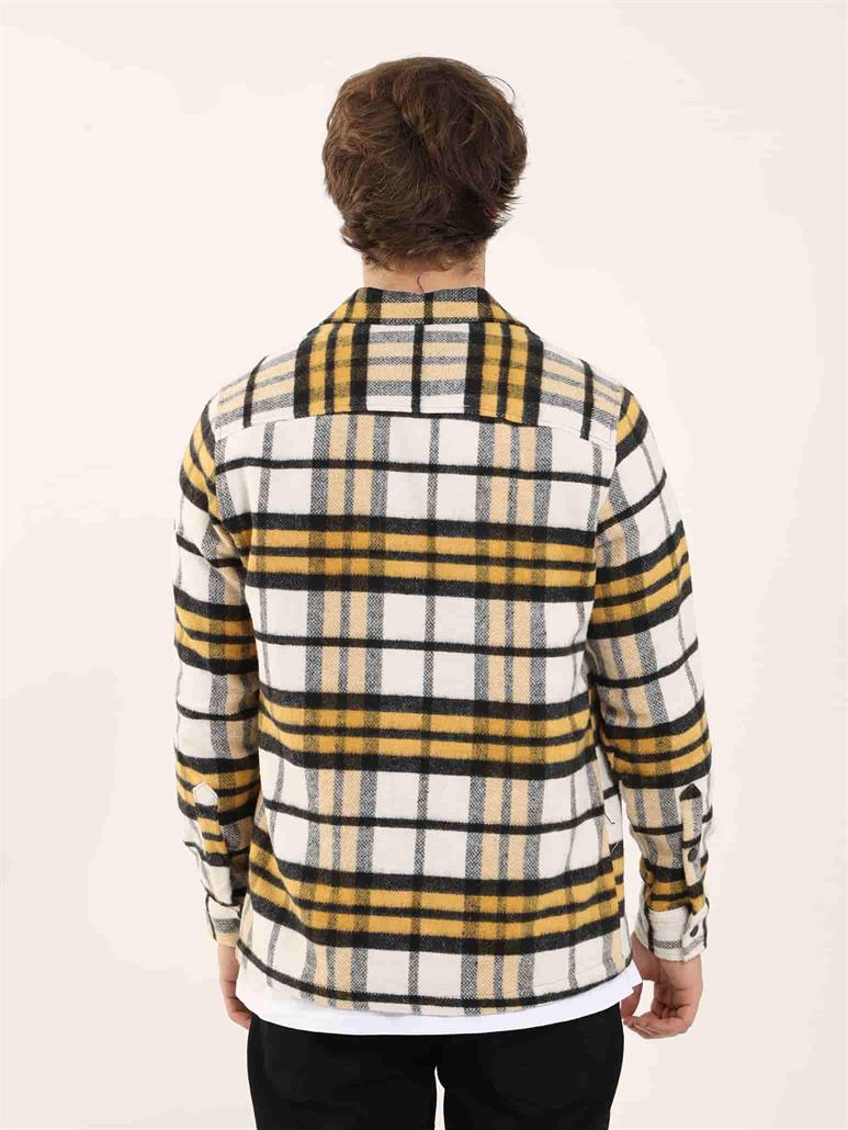 Sarı Erkek Regular Fit Ekose Desenli Brent Yaka Uzun Kol Oduncu Gömlek 
