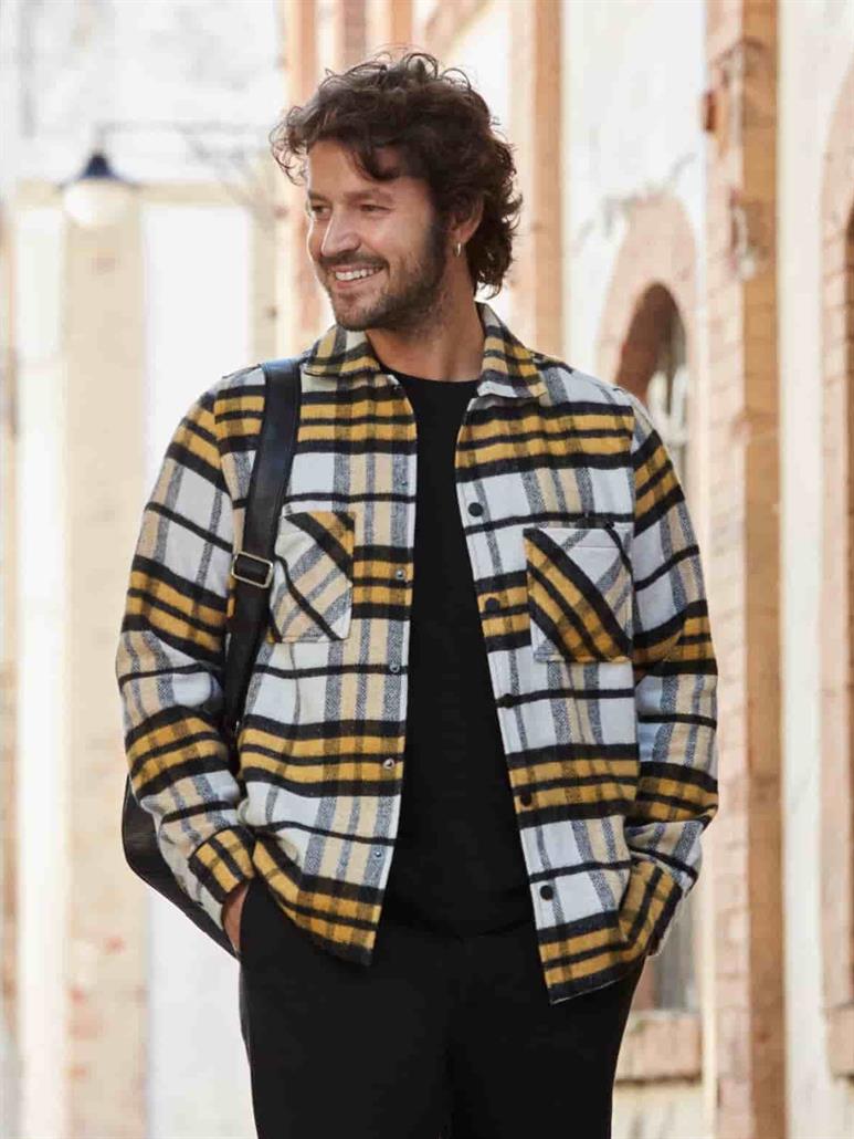 Sarı Erkek Regular Fit Ekose Desenli Brent Yaka Uzun Kol Oduncu Gömlek 