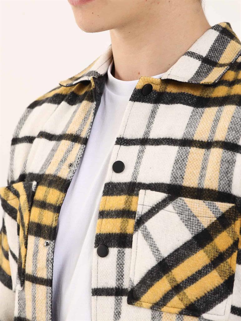 Sarı Erkek Regular Fit Ekose Desenli Brent Yaka Uzun Kol Oduncu Gömlek 