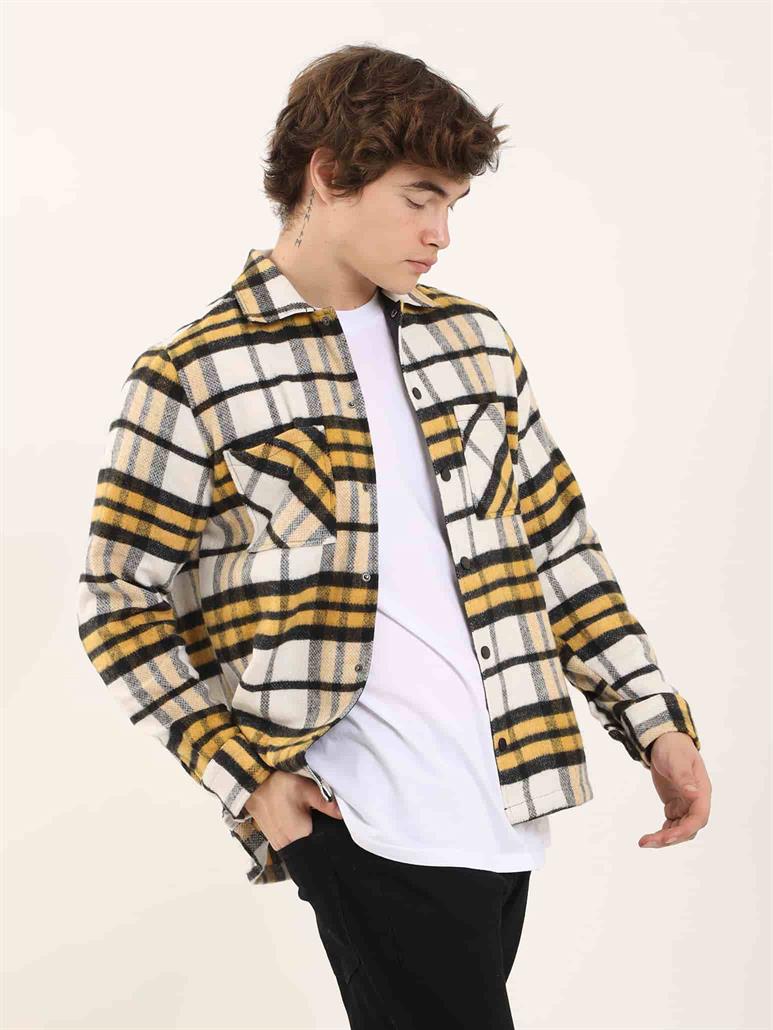 Sarı Erkek Regular Fit Ekose Desenli Brent Yaka Uzun Kol Oduncu Gömlek 