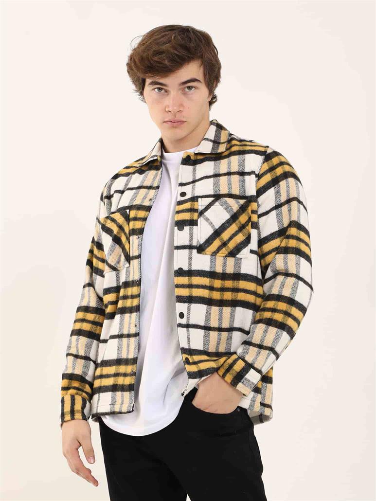 Sarı Erkek Regular Fit Ekose Desenli Brent Yaka Uzun Kol Oduncu Gömlek 