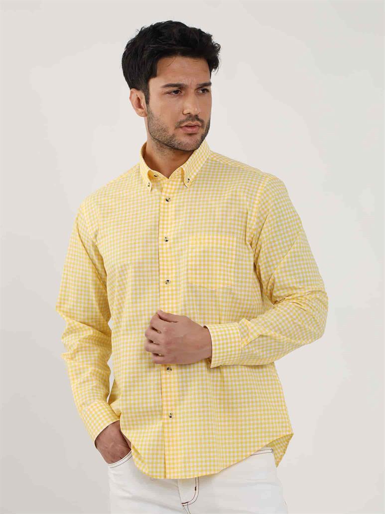 Sarı Erkek Regular Fit Kareli Brent Düğmeli Yaka Uzun Kol Gömlek 
