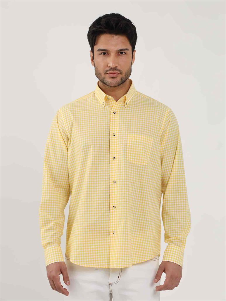 Sarı Erkek Regular Fit Kareli Brent Düğmeli Yaka Uzun Kol Gömlek 