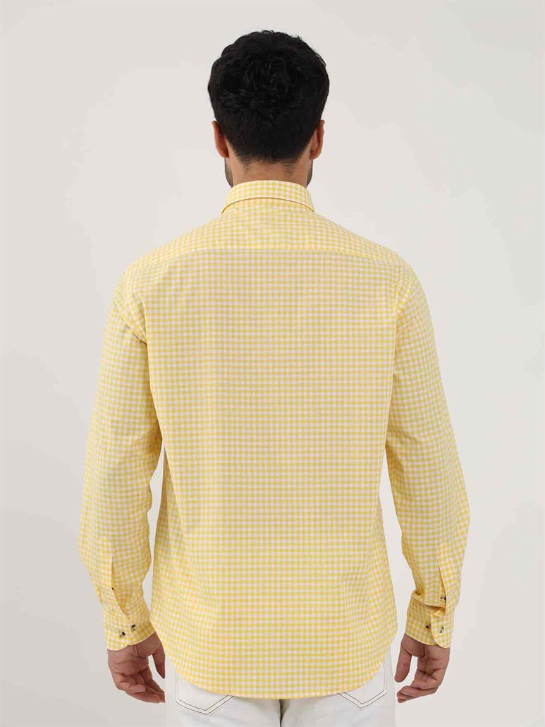 Sarı Erkek Regular Fit Kareli Brent Düğmeli Yaka Uzun Kol Gömlek 